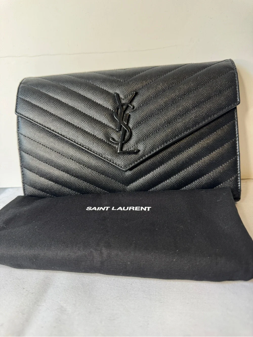 Saint Laurent Black Quilted Chevron Envelope Wallet On Chain